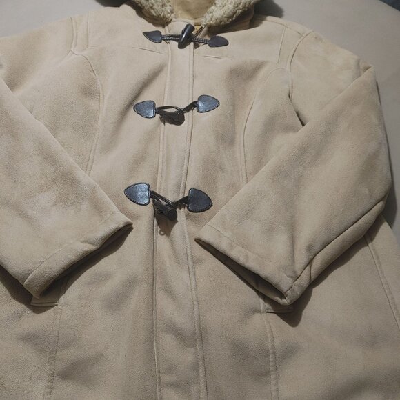 Nautica Mid Length Coat Tan Zip Toggle Closure Faux Shearling Hooded Pockets - Picture 6 of 12